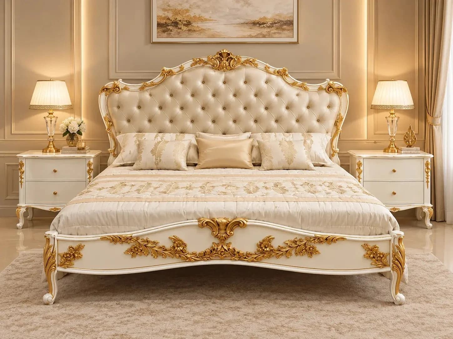 Jhansi Kikar Wood Bed – Gold & White